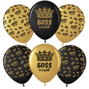 Латексный шар 30 см, Босс, золотой/чёрный, металлик