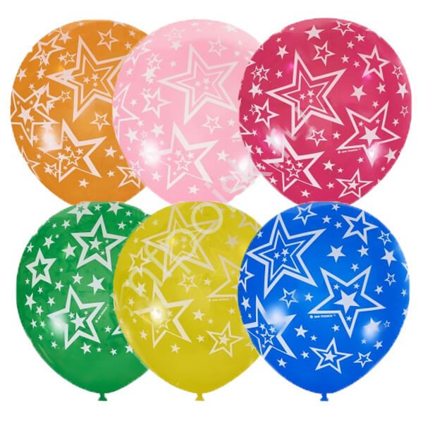 Латексный шар 30 см, Звёзды, ассорти, декортаор