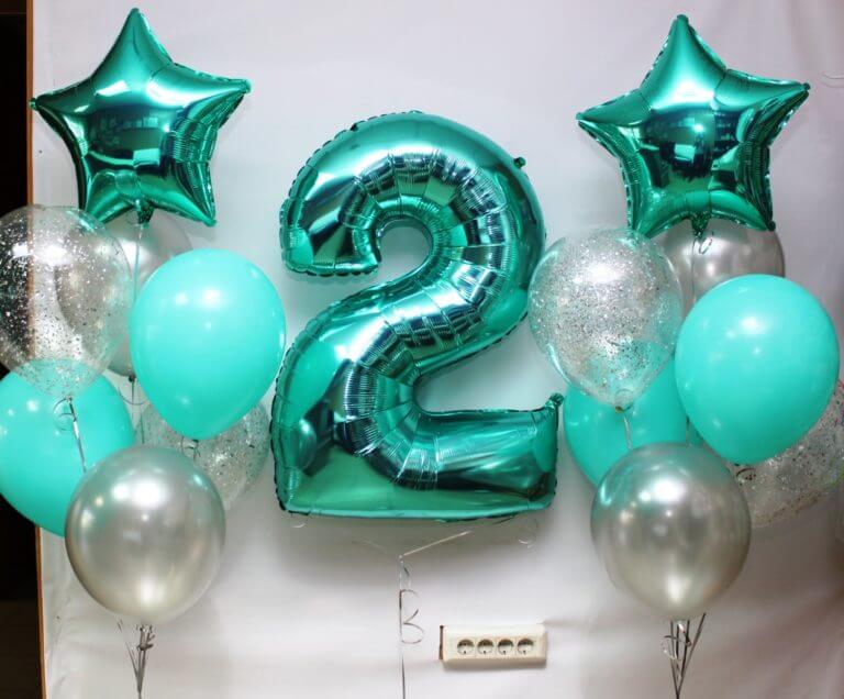 Воздушные шары бирюзовые с цифрой два Бирюза