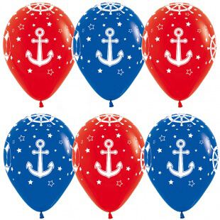Латексный шар 30 см, Морские якоря, красный/синий, пастель