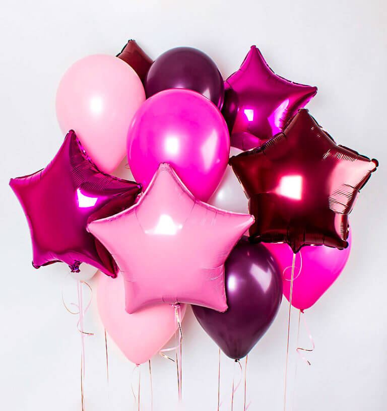 Воздушные шары розовые и бордовые звезды