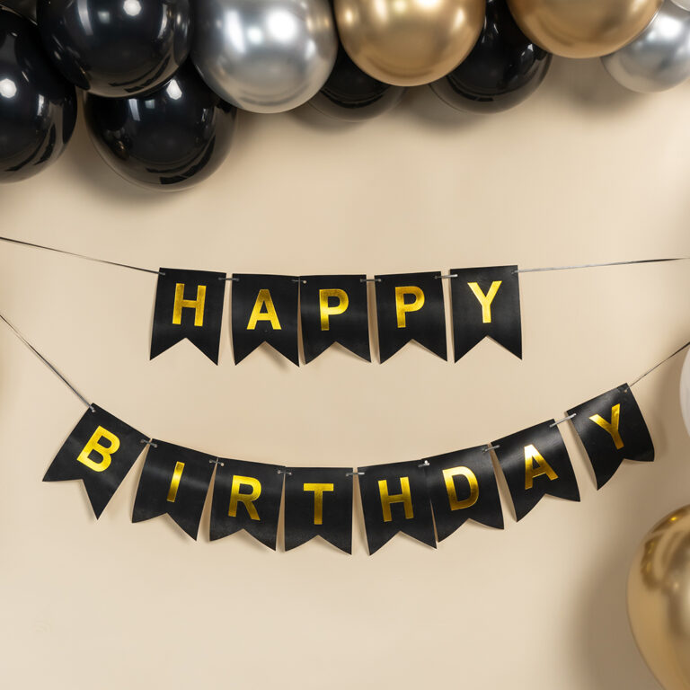 Гирлянда Флажки, Happy Birthday (фактура точки), Черный/Золото, Металлик, 500 см, 16*12 см, 1 упак.