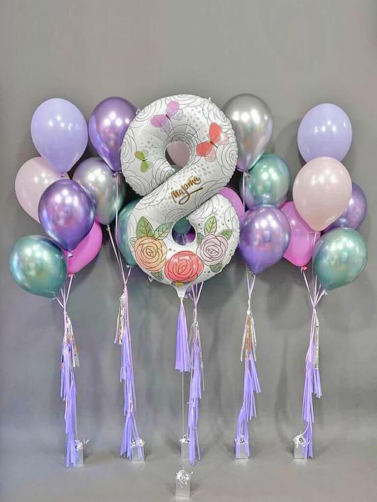 Набор на 8 марта сиреневые розовые шары с цифрой 8