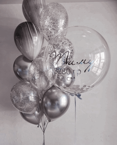 Набор шаров серебро с шаром бабл с надписью