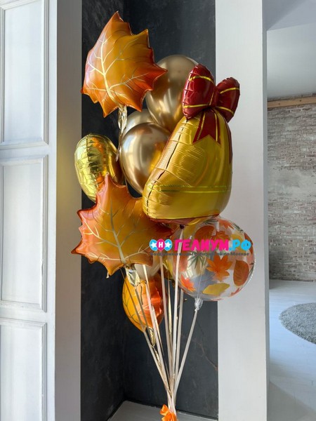 Букет гелиевых шариков с золотым колокольчиком в школу