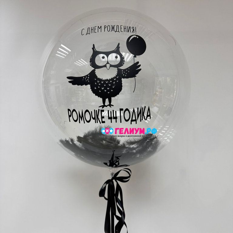 Шар с чёрными перьями и надписью