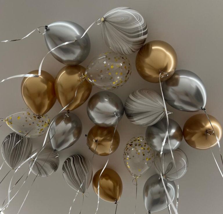 Шары под потолок золотые,серебро, агаты и с конфетти 21 шт