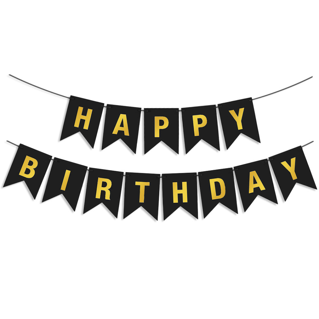 Гирлянда Флажки, Happy Birthday, Черный/Золото, Металлик, 500 см, 16*12 см,