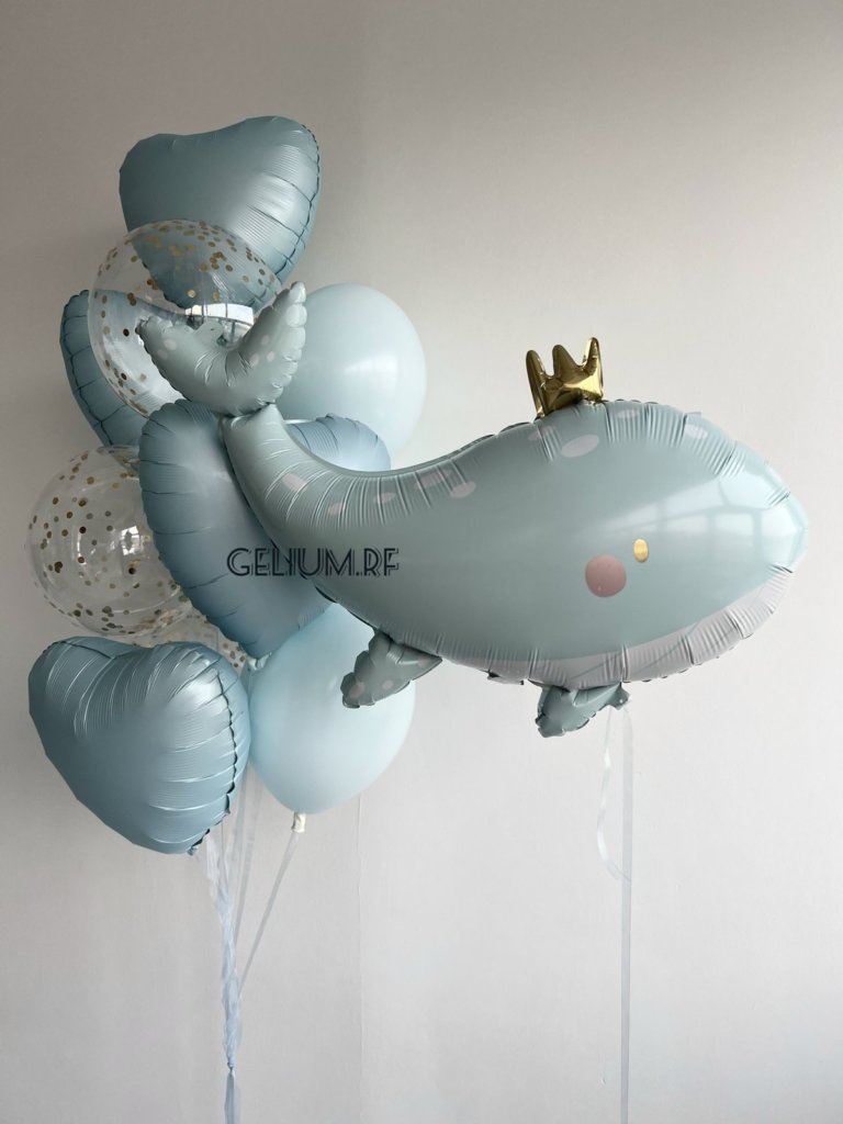 Воздушные шары голубые с китом в короне