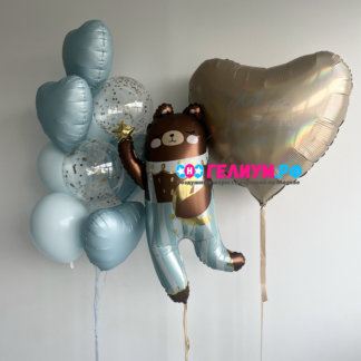 Набор шаров голубых с мишкой и большим сердцем