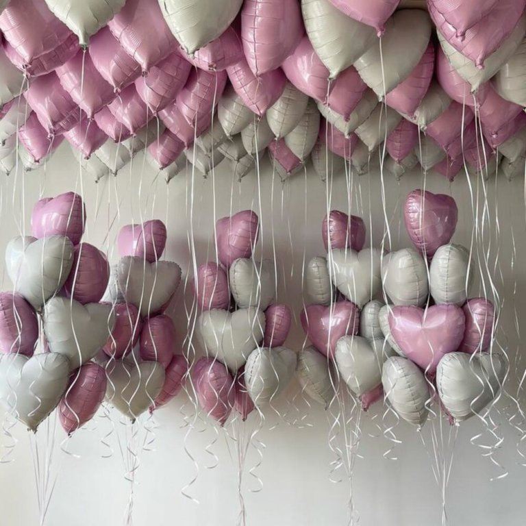 Большой набор шаров сердца розовые и белые