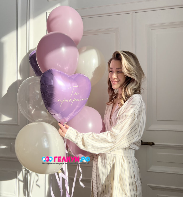 Фонтан из шаров на 8 марта сиреневые бежевые