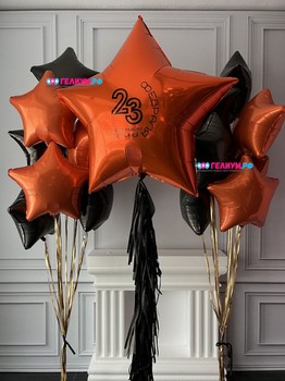 Фонтаны шаров звезды оранжевые и чёрные