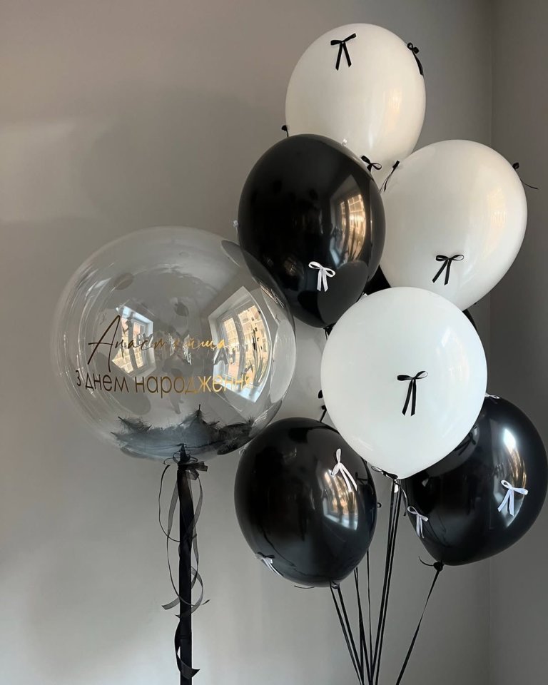 Шары Happy birthday белые чёрные шары с бантиками