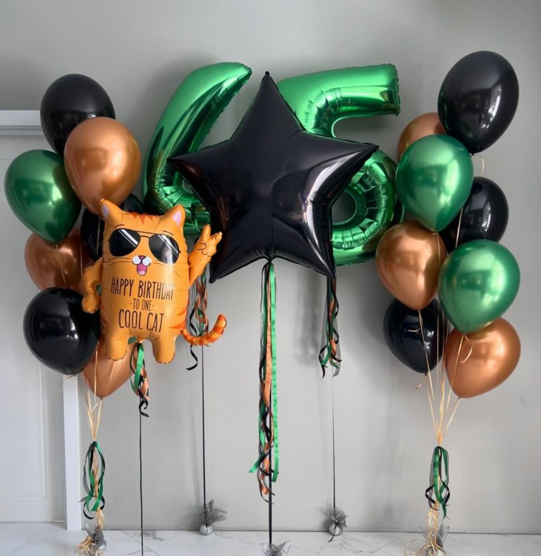 Набор шаров мужчине мальчику с котом чёрные,зелёные, оранжевые шары