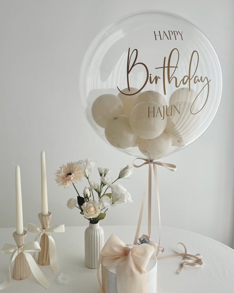 Шар баблс с шариками бежевыми и надписью