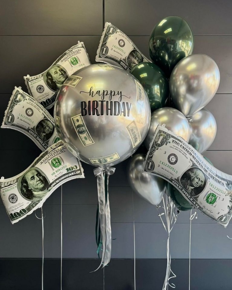 Набор шаров серебро и зеленые с долларами