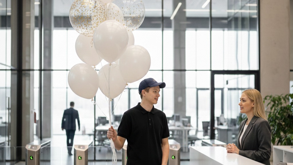 курьер в офисе с шарами
