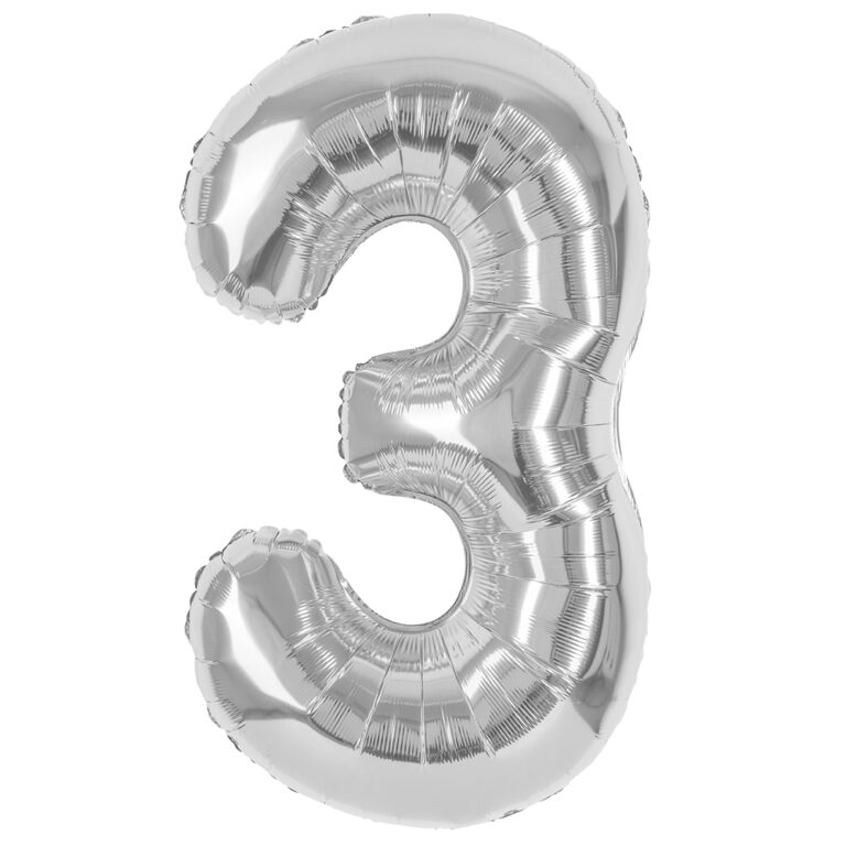 Шар (40''/102 см) Цифра, 3, Серебро, Металлик (Смайлберри)