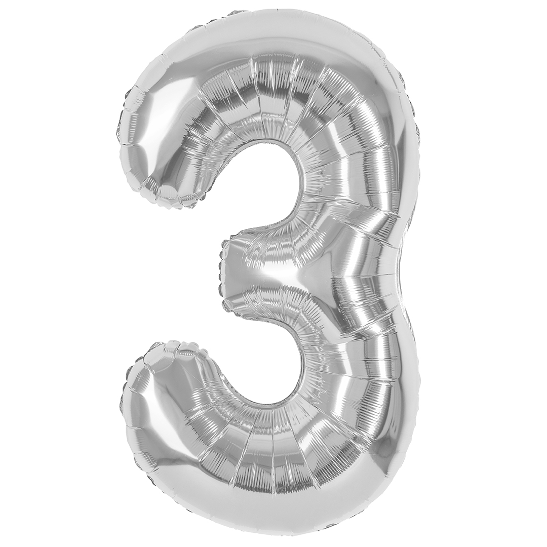 Шар (40''/102 см) Цифра, 3, Серебро, Металлик (Смайлберри)