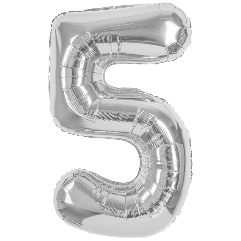 Шар (40''/102 см) Цифра, 5, Серебро, Металлик (Смайлберри)