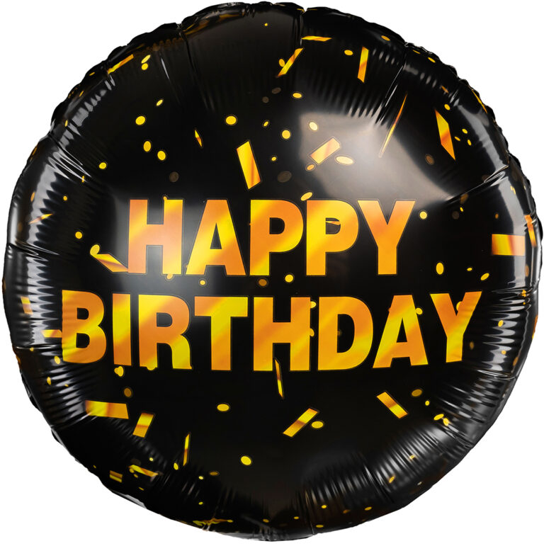 Шар (18''/46 см) Круг, Happy Birthday (золотое конфетти), Черный